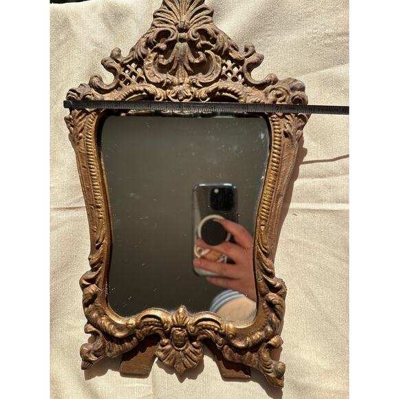 Vintage metal cast iron / brass vanity stand up mirror gold tone - Picture 7 of 10